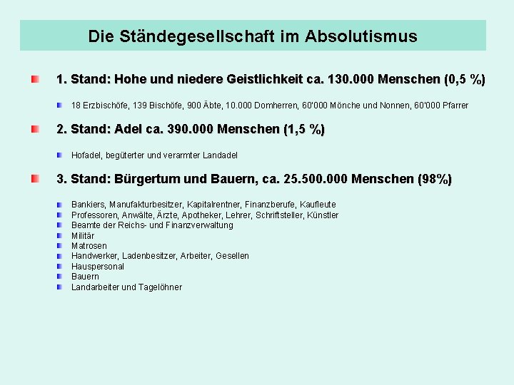 Die Ständegesellschaft im Absolutismus 1. Stand: Hohe und niedere Geistlichkeit ca. 130. 000 Menschen