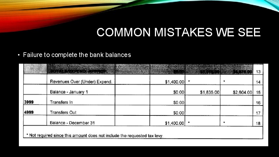 COMMON MISTAKES WE SEE • Failure to complete the bank balances 