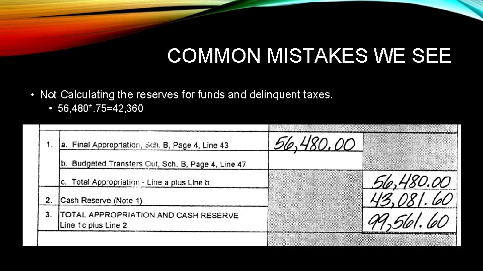 COMMON MISTAKES WE SEE • Not Calculating the reserves for funds and delinquent taxes.