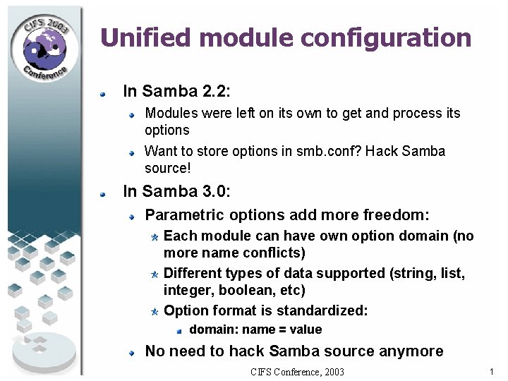 Unified module configuration In Samba 2. 2: Modules were left on its own to Unified module configuration In Samba 2. 2: Modules were left on its own to