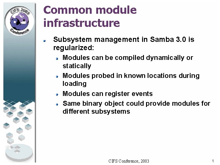 Common module infrastructure Subsystem management in Samba 3. 0 is regularized: Modules can be Common module infrastructure Subsystem management in Samba 3. 0 is regularized: Modules can be