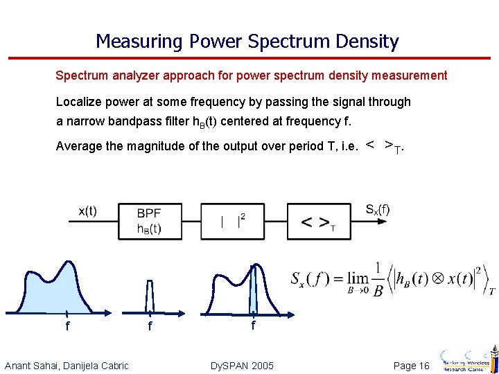 Measuring Power Spectrum Density Spectrum analyzer approach for power spectrum density measurement Localize power