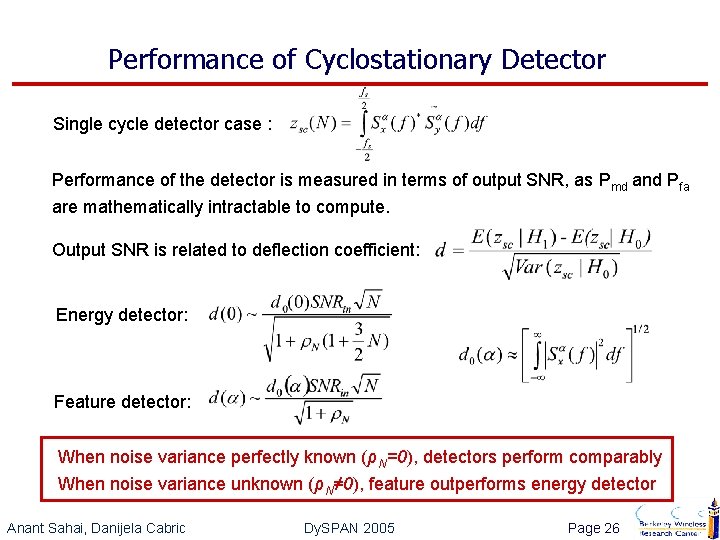 Performance of Cyclostationary Detector Single cycle detector case : Performance of the detector is