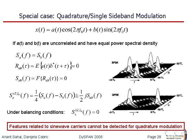 Special case: Quadrature/Single Sideband Modulation If a(t) and b(t) are uncorrelated and have equal