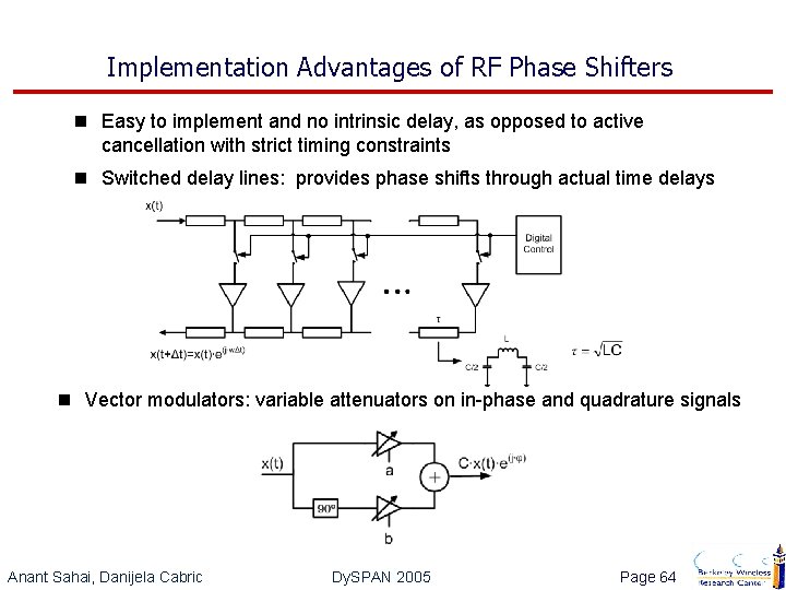 Implementation Advantages of RF Phase Shifters n Easy to implement and no intrinsic delay,