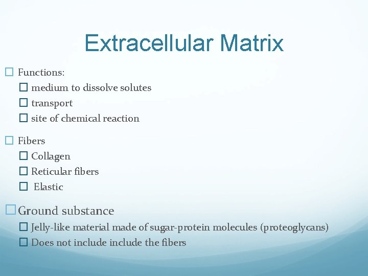 Extracellular Matrix � Functions: � medium to dissolve solutes � transport � site of