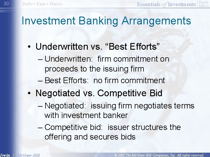 30 Bodie • Kane • Marcus Essentials of Investments Fourth Edition Investment Banking Arrangements