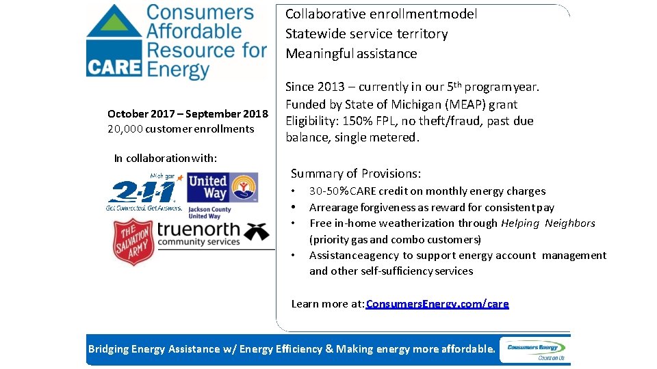 Collaborative enrollment model Statewide service territory Meaningful assistance October 2017 – September 2018 20,