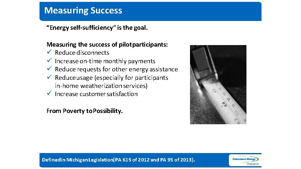 Measuring Success “Energy self-sufficiency” is the goal. Measuring the success of pilot participants: Reduce