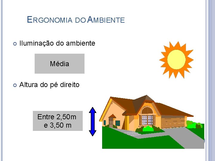 ERGONOMIA DO AMBIENTE Iluminação do ambiente Média Altura do pé direito Entre 2, 50