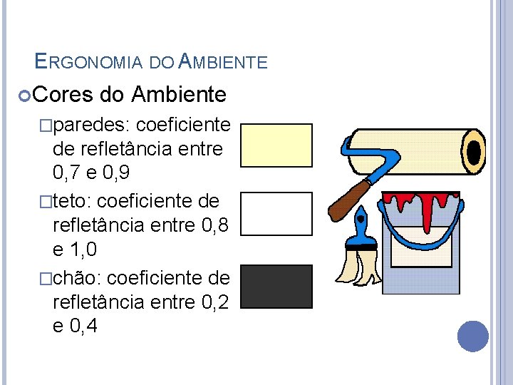 ERGONOMIA DO AMBIENTE Cores do Ambiente �paredes: coeficiente de refletância entre 0, 7 e