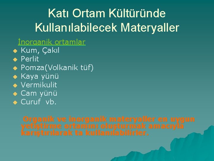 Katı Ortam Kültüründe Kullanılabilecek Materyaller İnorganik ortamlar u Kum, Çakıl u Perlit u Pomza(Volkanik