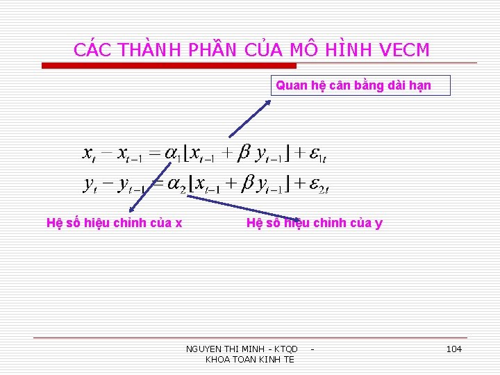 CÁC THÀNH PHẦN CỦA MÔ HÌNH VECM Quan hệ cân bằng dài hạn Hệ