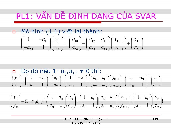 PL 1: VẤN ĐỀ ĐỊNH DẠNG CỦA SVAR o Mô hình (1. 1) viết