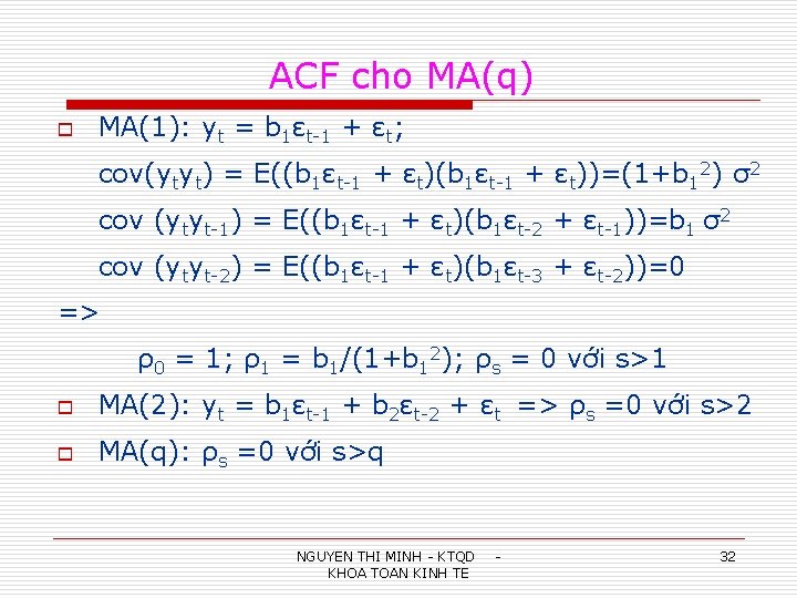 ACF cho MA(q) o MA(1): yt = b 1εt-1 + εt; cov(ytyt) = E((b