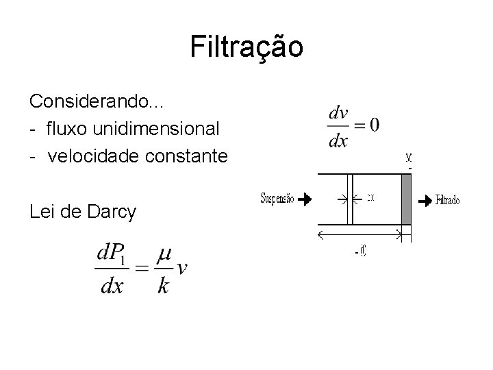 Filtração Considerando. . . - fluxo unidimensional - velocidade constante Lei de Darcy 