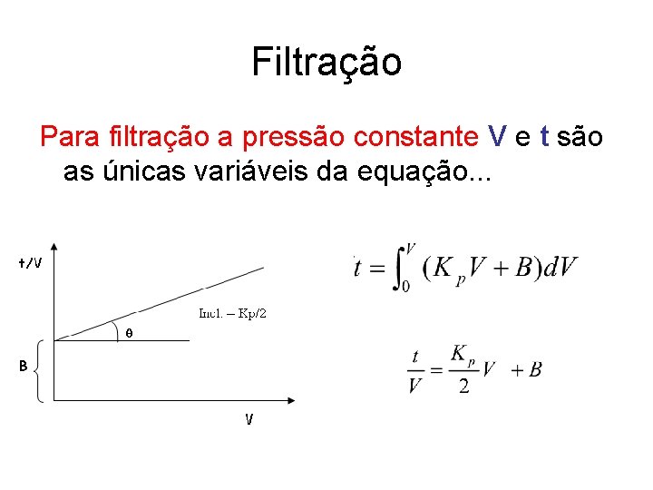 Filtração Para filtração a pressão constante V e t são as únicas variáveis da