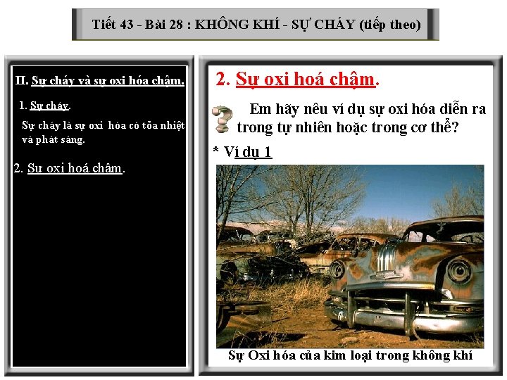 Tiết 43 - Bài 28 : KHÔNG KHÍ - SỰ CHÁY (tiếp theo) II.