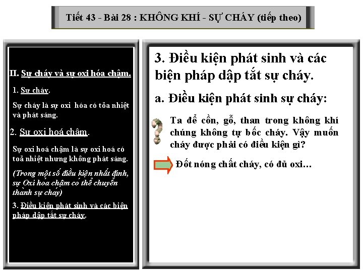 Tiết 43 - Bài 28 : KHÔNG KHÍ - SỰ CHÁY (tiếp theo) II.