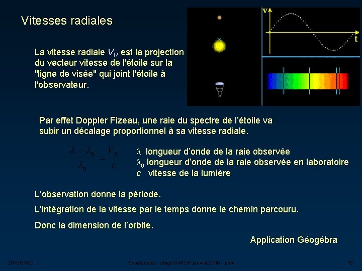 Vitesses radiales La vitesse radiale VR est la projection du vecteur vitesse de l'étoile