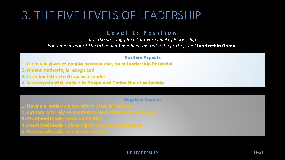 3. THE FIVE LEVELS OF LEADERSHIP Level 1: Position It is the starting place