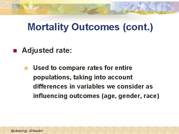 Mortality Outcomes (cont. ) n Adjusted rate: n Used to compare rates for entire