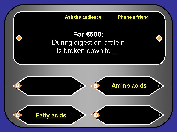 Ask the audience Phone a friend For € 500: During digestion protein is broken
