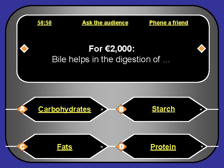 50: 50 Ask the audience Phone a friend For € 2, 000: Bile helps