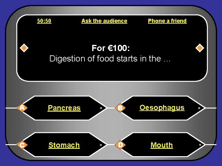 50: 50 Ask the audience Phone a friend For € 100: Digestion of food