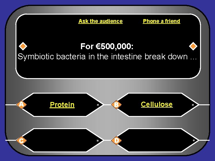 Ask the audience Phone a friend For € 500, 000: Symbiotic bacteria in the