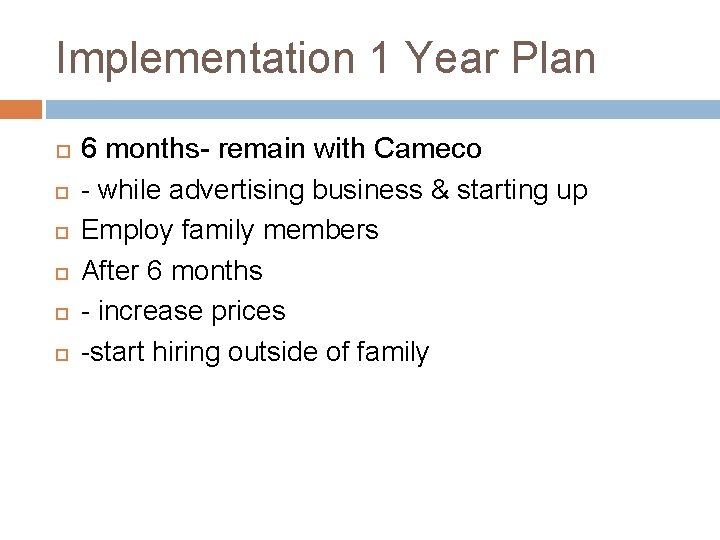 Implementation 1 Year Plan 6 months- remain with Cameco - while advertising business &