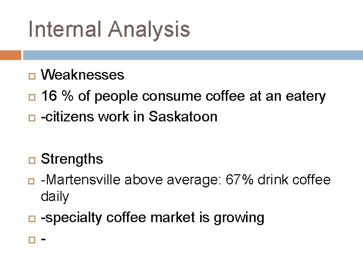 Internal Analysis Weaknesses 16 % of people consume coffee at an eatery -citizens work