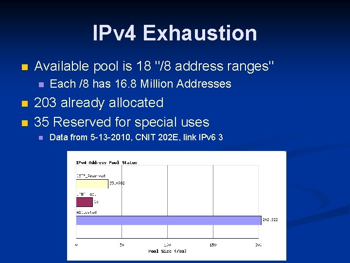 IPv 4 Exhaustion n Available pool is 18 "/8 address ranges" n n n
