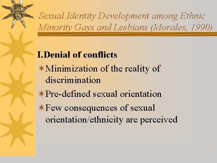 Sexual Identity Development among Ethnic Minority Gays and Lesbians (Morales, 1990) I. Denial of