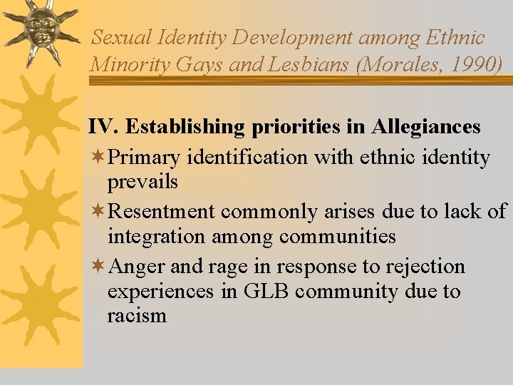 Sexual Identity Development among Ethnic Minority Gays and Lesbians (Morales, 1990) IV. Establishing priorities