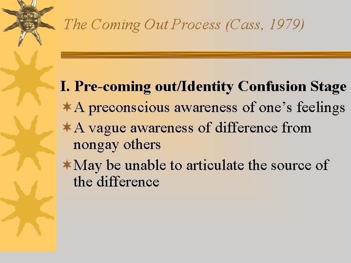 The Coming Out Process (Cass, 1979) I. Pre-coming out/Identity Confusion Stage ¬A preconscious awareness