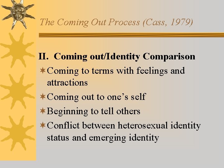 The Coming Out Process (Cass, 1979) II. Coming out/Identity Comparison ¬Coming to terms with