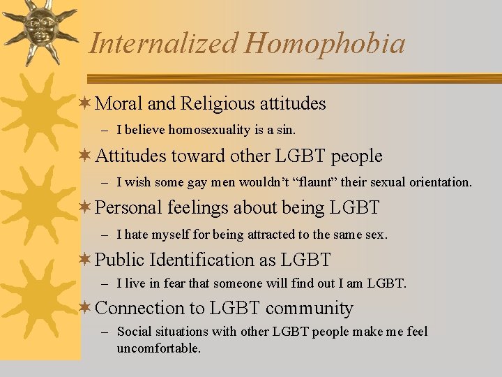 Internalized Homophobia ¬ Moral and Religious attitudes – I believe homosexuality is a sin.