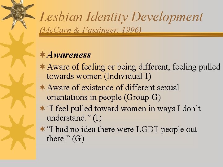 Lesbian Identity Development (Mc. Carn & Fassinger, 1996) ¬Awareness ¬ Aware of feeling or