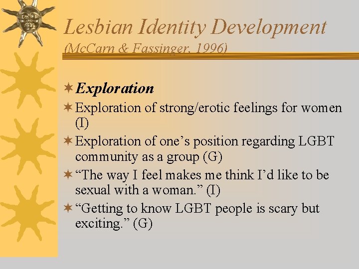 Lesbian Identity Development (Mc. Carn & Fassinger, 1996) ¬Exploration ¬ Exploration of strong/erotic feelings