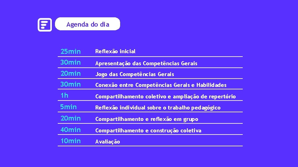 Agenda do dia 25 min Reflexão inicial 30 min Apresentação das Competências Gerais 20