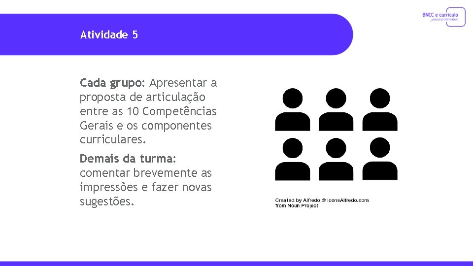 Atividade 5 Cada grupo: Apresentar a proposta de articulação entre as 10 Competências Gerais