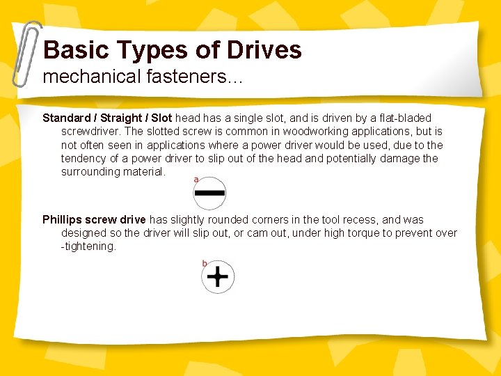 Basic Types of Drives mechanical fasteners… Standard / Straight / Slot head has a