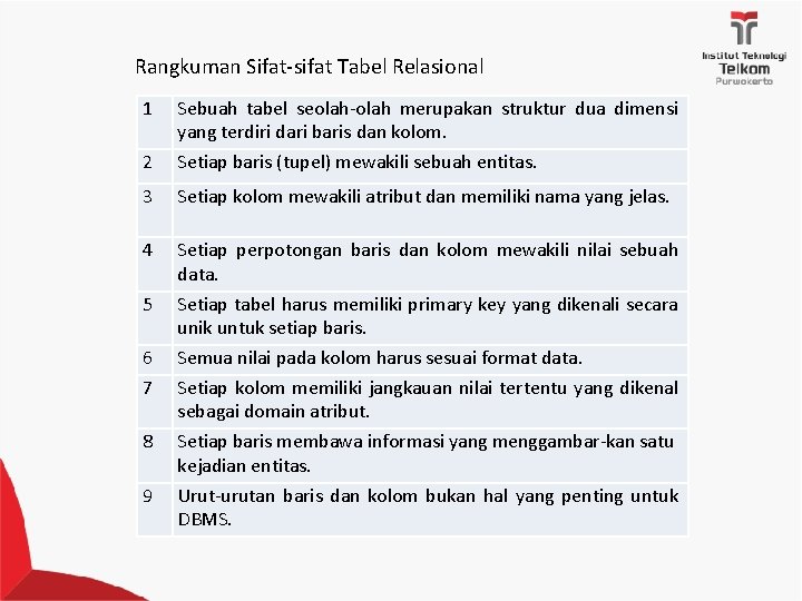 Rangkuman Sifat-sifat Tabel Relasional 1 2 Sebuah tabel seolah-olah merupakan struktur dua dimensi yang