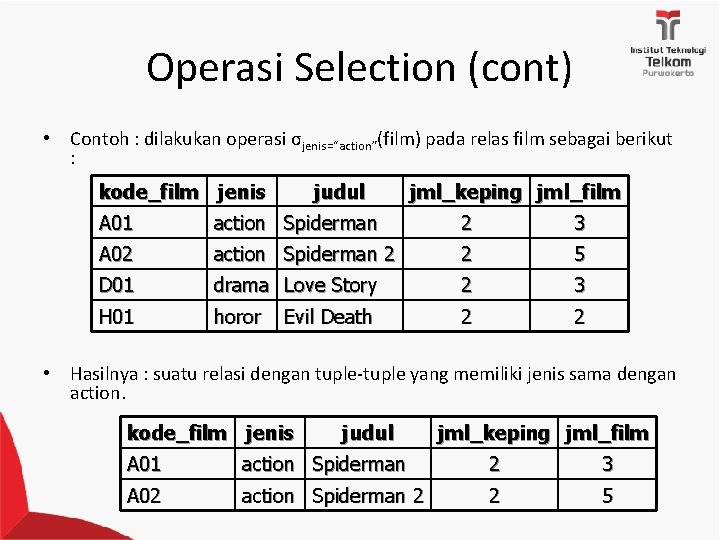 Operasi Selection (cont) • Contoh : dilakukan operasi σjenis=“action”(film) pada relas film sebagai berikut