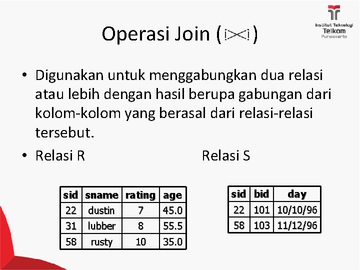 Operasi Join ( ) • Digunakan untuk menggabungkan dua relasi atau lebih dengan hasil