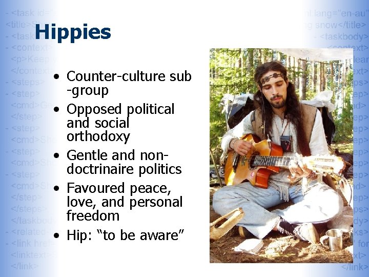 Hippies • Counter-culture sub -group • Opposed political and social orthodoxy • Gentle and