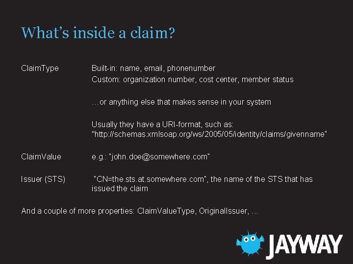 What’s inside a claim? Claim. Type Built-in: name, email, phonenumber Custom: organization number, cost