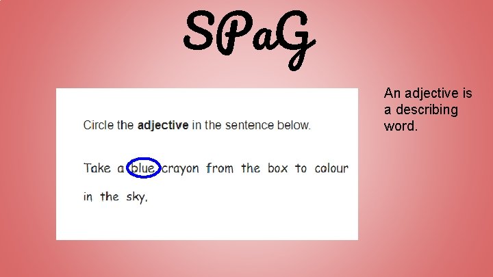 SPa. G An adjective is a describing word. 