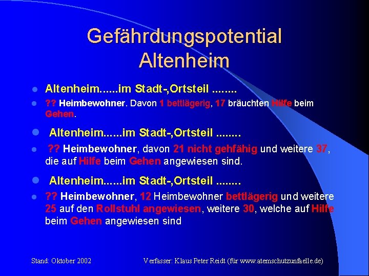 Gefährdungspotential Altenheim. . . im Stadt-, Ortsteil. . . . l ? ? Heimbewohner.